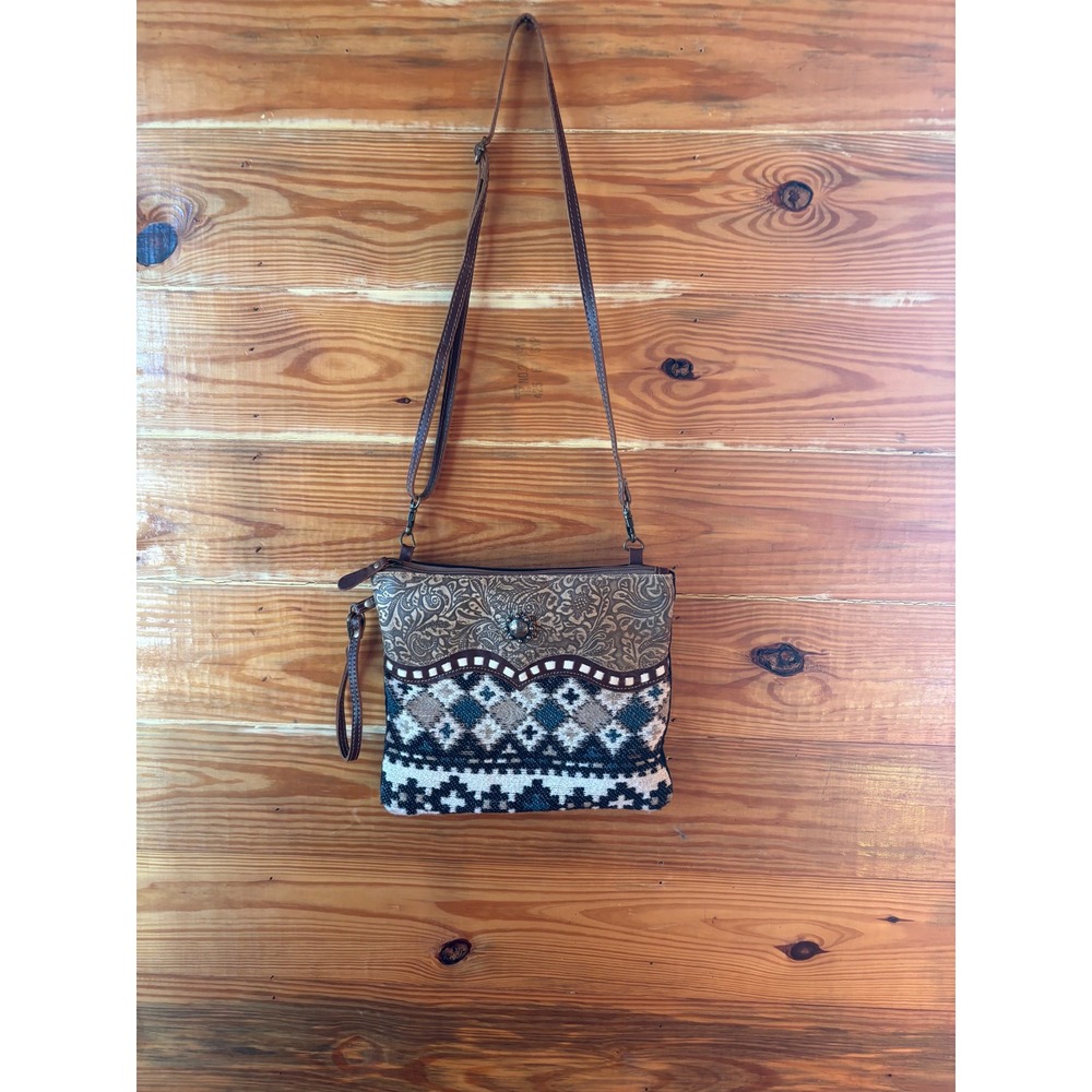 Myra Cotton & Tooled Crossbody Bag Leather Western Concho Bohemian Cowboy Rustic